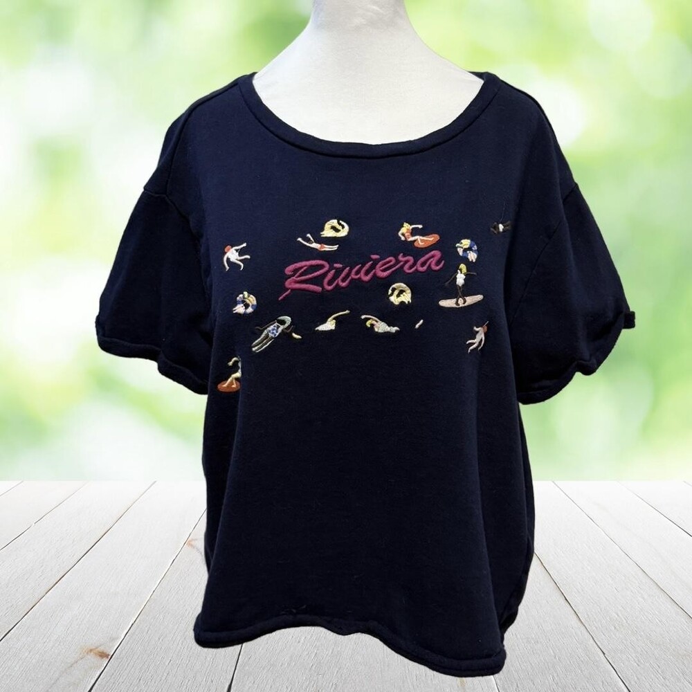 MAEVE ANTHROPOLOGIE Embroidered Riviera Sweater Swimmers Novelty Cropped Size L